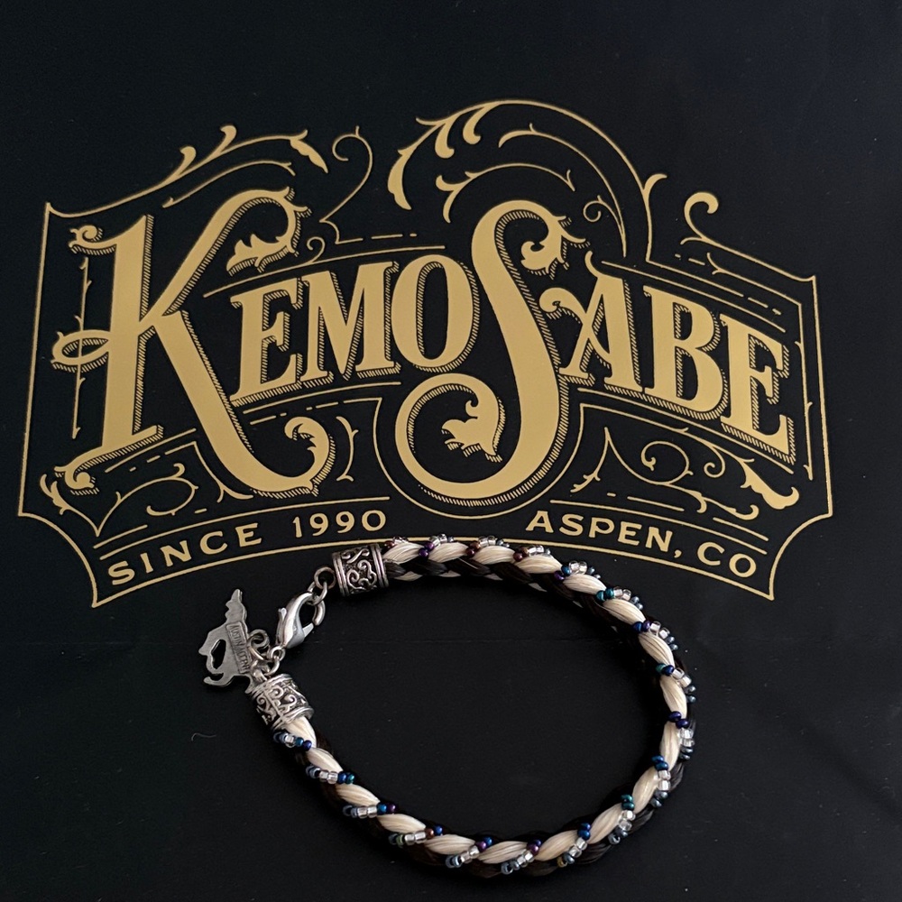 KemoSabe Braided Leather Bracelet with Silver Charm - Black & Cream, Unisex